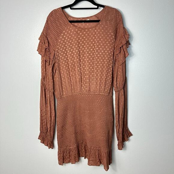 Tularosa Dress Edie Mini Smocked Ruffle Long Sleeve Satin Printed Rust Copper M - Picture 2 of 8